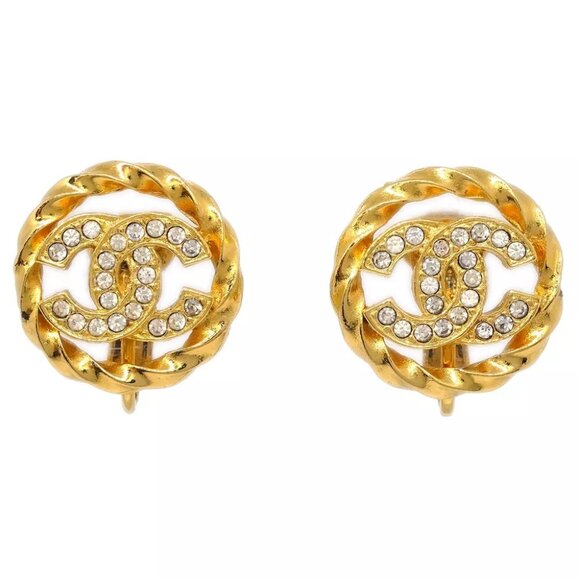 Chanel Gold Button Earrings Clip-On Rhinestone - Picture 1 of 4
